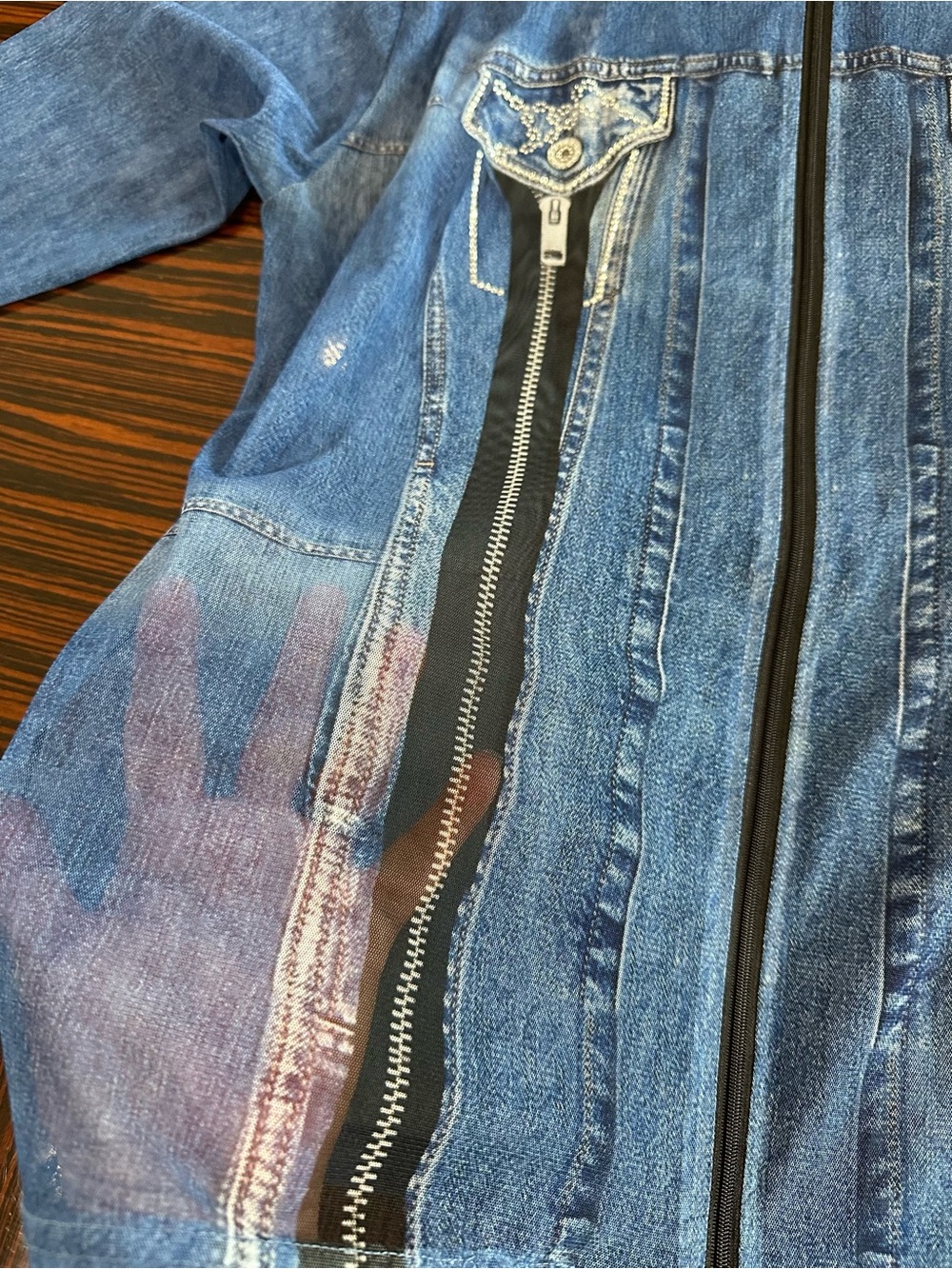 Valentina Tunic Top Faux Denim Full Zipper Semi Sheer Sz XL EUC - Picture 9 of 9